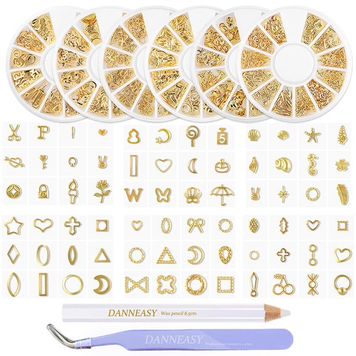 DANNEASY 6 Boxes Gold Nail Charms for Acrylic Nails Metal Hollow Nail Studs Heart Moon Star Cross Nail Art Charms Nail Jewels Charms for Nails 3d Nail Art Decoration