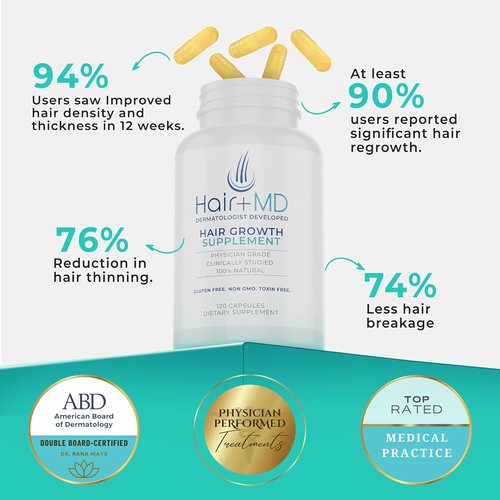 Hair Plus MD Hair Growth Supplement - Boost Hair Growth & Density | 120 Capsules, Gluten-Free & Non-GMO