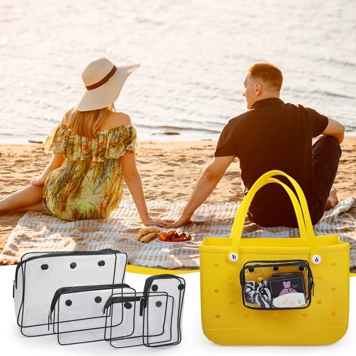 Retooler 4 Packs Clear Bogg Bag Accessories with a Pair of Arm Sleeves and 2 Packs Decoration Charms for Bogg Bag Beach Tote Bag Travel Cellphone Makeup Clean Toiletry Brush Cosmetic Organizer- Black