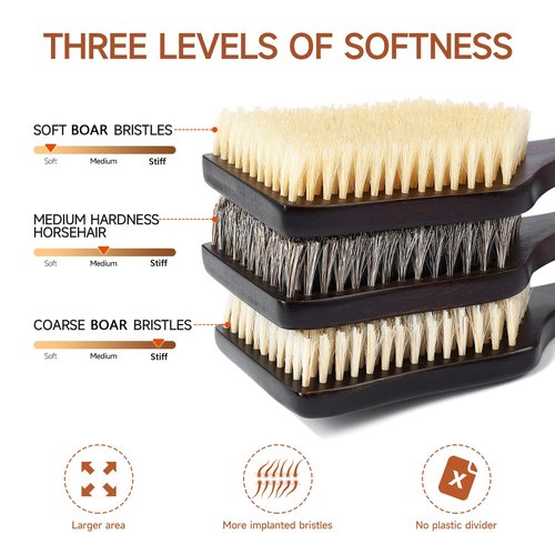 ENAMELEVO Back Scrubber Shower Brush,Dry Brushing Body Brush with 17.7 Inch Curved Long Handle, Natural Bristles for Lymphatic Drainage, Soft & Stiff Bristles Available (Stiff-Thick Boar Bristles)