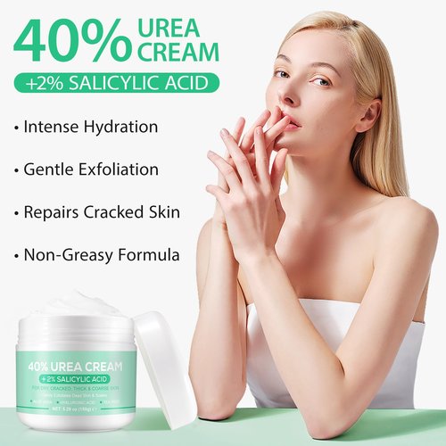 Urea Cream 40 Percent for Feet - 40% Urea Cream Plus 2% Salicylic Acid with Hyaluronic Acid,Tea Tree, Aloe Vera for Dry Cracked Heels, Knees & Maximum Strength Foot Deep Moisturizer(5.29 OZ)