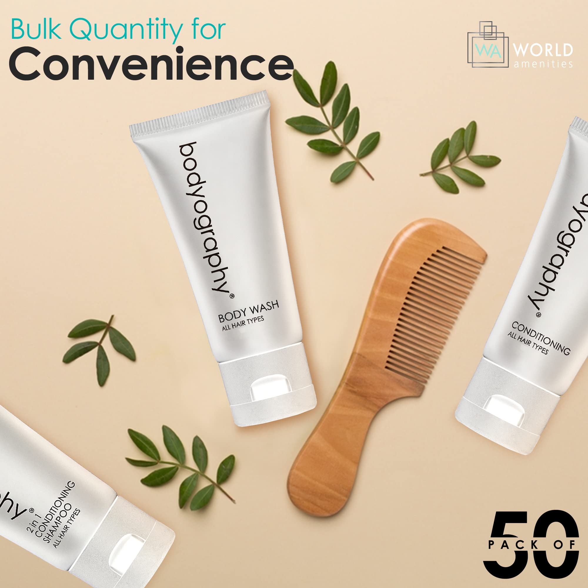 World Amenities - Bodyography blanc- Bulk Body Wash | 50 Count, 1.4oz | Vanilla White Tea, Mini Travel Size Toiletries (100% Recyclable Tube with Flip Top Cap) Hotel Amenities.
