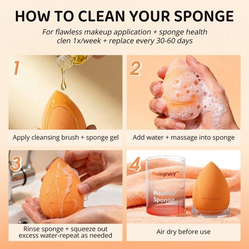 MusingFairy Makeup Blending Sponge with Travel-Friendly Acrylic Holder,Latex-Free Beauty Blender for Flawless Matte Finish, Easy to Clean,Orange 1 Pack