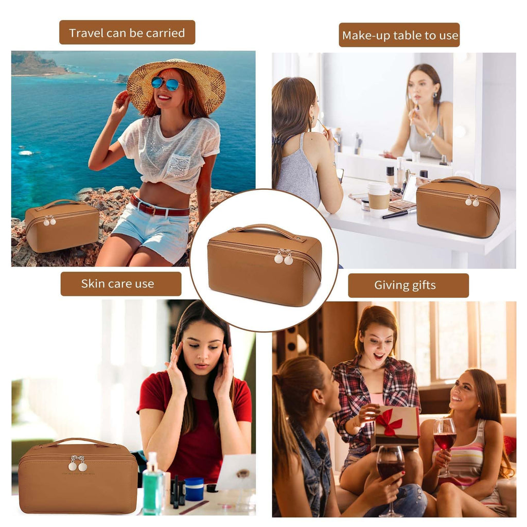 zaleeta Travel Makeup Bag, Large Capacity Cosmetic Organizer Bags for Women, Waterproof PU Leather Toiletry Bags, Wide Open Flat Makeup Case with Divider and Handle