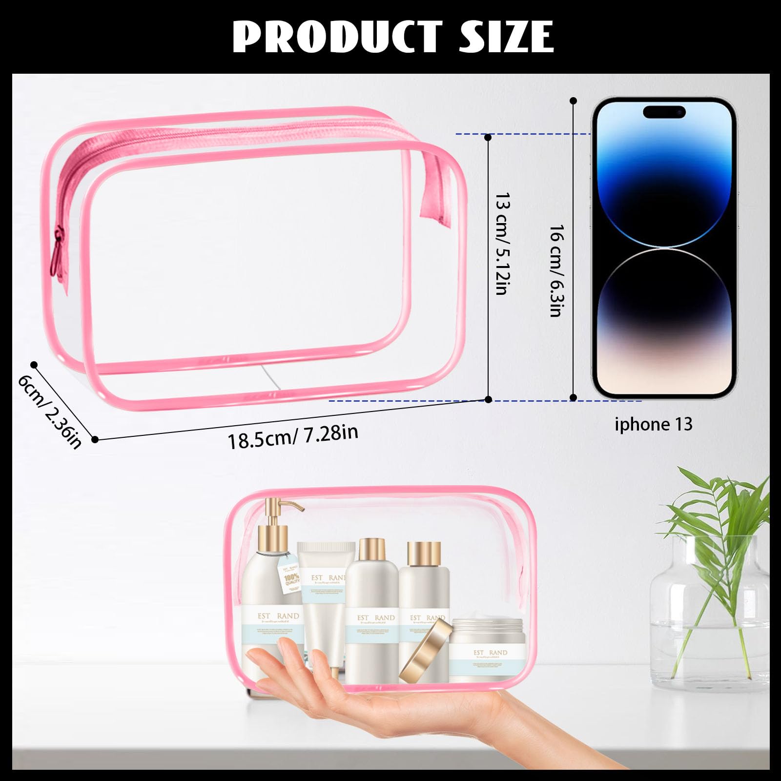 YedsIntu 16-Piece Makeup Bags, Waterproof Toiletry Bag Carry Pouch Portable Cosmetic Bag PVCTravel Clear Pouches Carry-on Travel Essentials Transparent Storage Organizer Bag (Rose Pink-M)
