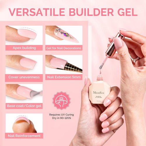 MelodySusie 2PCS 15ML Nude and Pink Builder Gel Set for Nails Thickening, Soak Off UV Extension Gel Rhinestone Glue in a Bottle for Nail Art Design Gift for Women DIY Manicure at Home