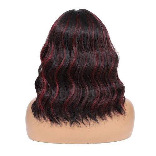 Rushinice Short Wavy Black Mixed Red Wig for Women, Lace Hairline Middle Part Bob Style Heat Resistant Synthetic Wigs Natural Looking for Daily Party 14 Inch
