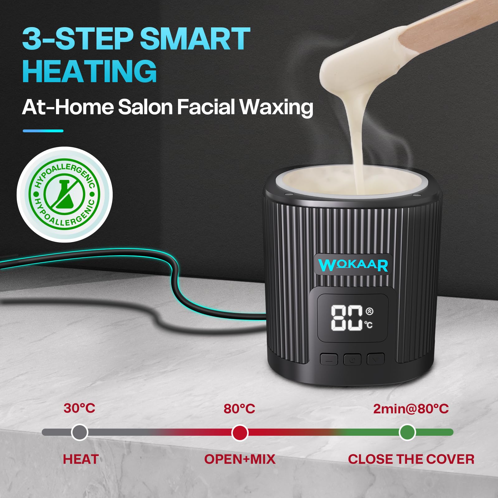 Wokaar Nose Wax Kit for Eyebrow and Ear Hair | 100gWax, 50 Face Waxing Sticks | USB-C(5V/2A) Wax Warmer | Hair Removal Kit for Men & Women | 15 Pre/Post Wipes, Ear and Mustache Guards & Earplug