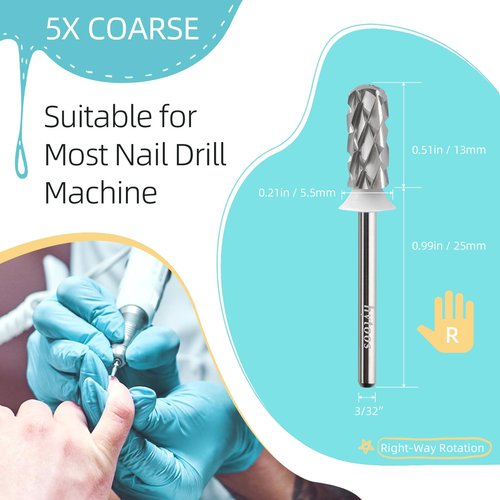 HYTOOS 5XC Safety Nail Drill Bits, Small Rounded Barrel, 3/32 Shank Carbide Nails Bit for Righties, Electric Drills Accessories, Fast Remove Manicure Art Thick Gel (5XC, Small Barrel)