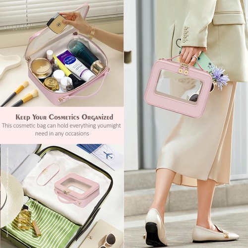 Jorebill Waterproof Cosmetic Bag with Makeup Brush Bag, Leather Travel Makeup Bag with handle, Crossbody Shoulder Bag with metal detachable shoulder strap for Women (pearl pink)