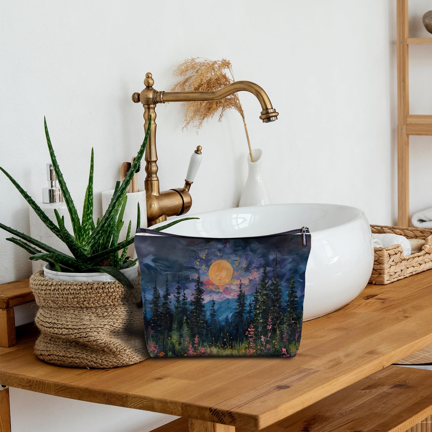 Zomhix Watercolor Full Moon Above the Wildflowers Makeup bag, Cottagecore Accessories Cosmetic Bag, Cottagecore Gifts, Mystical Under Cold Moons Scenic Cosmetic Bag Toiletry Bag
