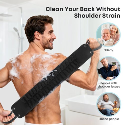 eaxun Back Scrubber with Handles for Shower, 40 Inches Dual-Sided Back Washer with Exfoliating Texture and Loofah for Men, Women and Elderly, Bath Back Exfoliator Body Cleaner for Deep Cleansing