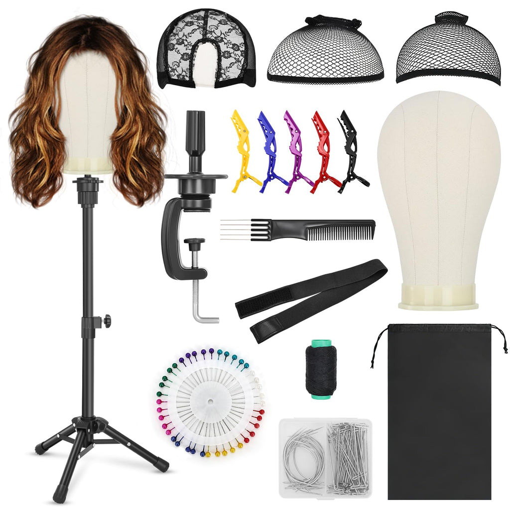 Yekavo Wig Stand with Head 23", Height Adjustable Tripod Stand 30", Wig Head Stand with Canvas Block Mannequin Head, Include Table Clamp Stand, Wig Caps, T Pins for Wigs Styling, Making & Display