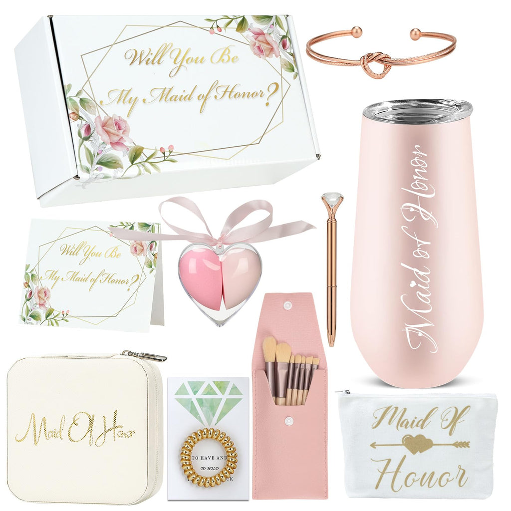 Will You Be My Maid of Honor Gift Box,Maid OF Honor＆Bridesmaids Proposal Gifts Set of 10-Bachelorette&Wedding Party Engraved with "Maid of Honor" 6oz stainless steels Cup,Jewelry box,Makeup Bags,Card
