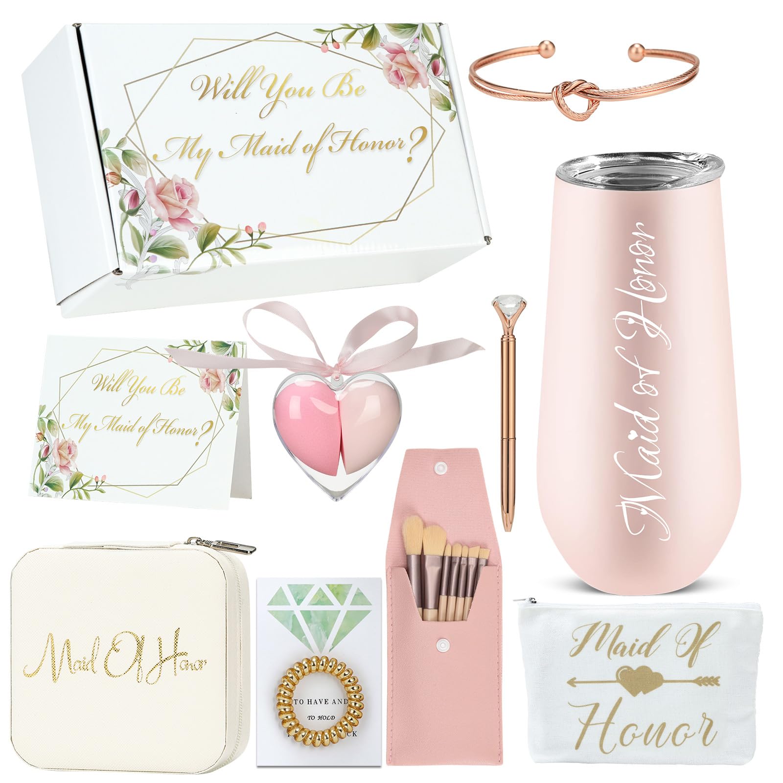 Will You Be My Maid of Honor Gift Box,Maid OF Honor＆Bridesmaids Proposal Gifts Set of 10-Bachelorette&Wedding Party Engraved with "Maid of Honor" 6oz stainless steels Cup,Jewelry box,Makeup Bags,Card