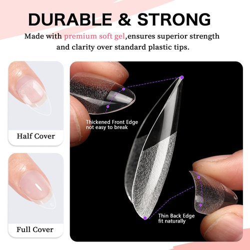 COLOURSMILE Short Almond Full Cover Nail Tips - 216pcs Pre-Shaped Gel Gelly Tips, 12 Sizes for Acrylic Nail Extension, Home DIY & Nail Salon