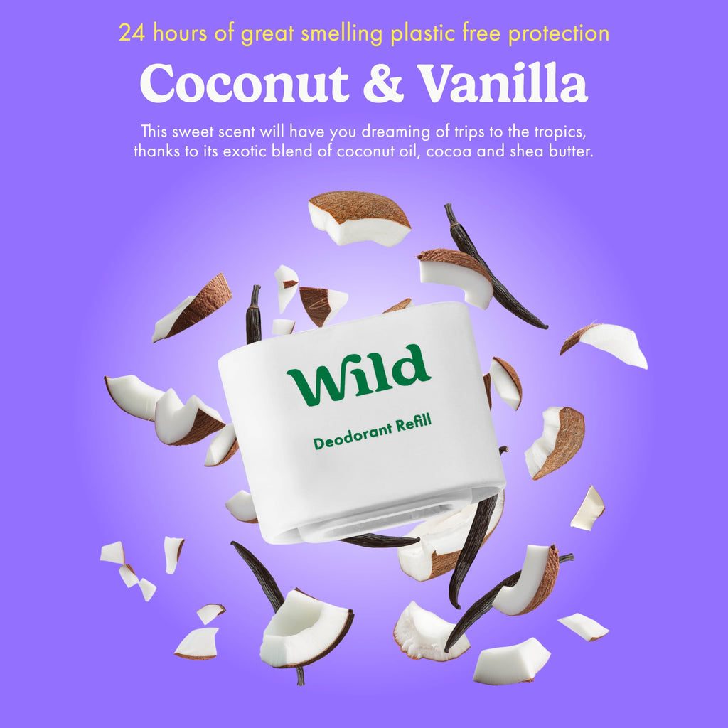 Wild Aluminum Free Deodorant Starter Kit - Refillable Stick Deodorant with Purple Applicator Case & Vegan Refill Variety Pack - Fresh Cotton & Sea Salt, Cherry Blossom and Coconut & Vanilla Scents