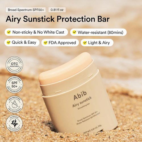 Abib Airy Sunstick SPF 50+ | Broad Spectrum Semi-Matte Sunscreen Stick for Oily Skin - 0.81 oz