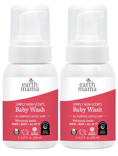 Earth Mama Simply Non-Scents Baby Wash Foaming Hand Soap Refill, All-Purpose Body Wash for Sensitive Skin, Castile Soap with Coconut Oil, Shea Butter, Calendula, & Aloe, 5.3floz 2-Pk