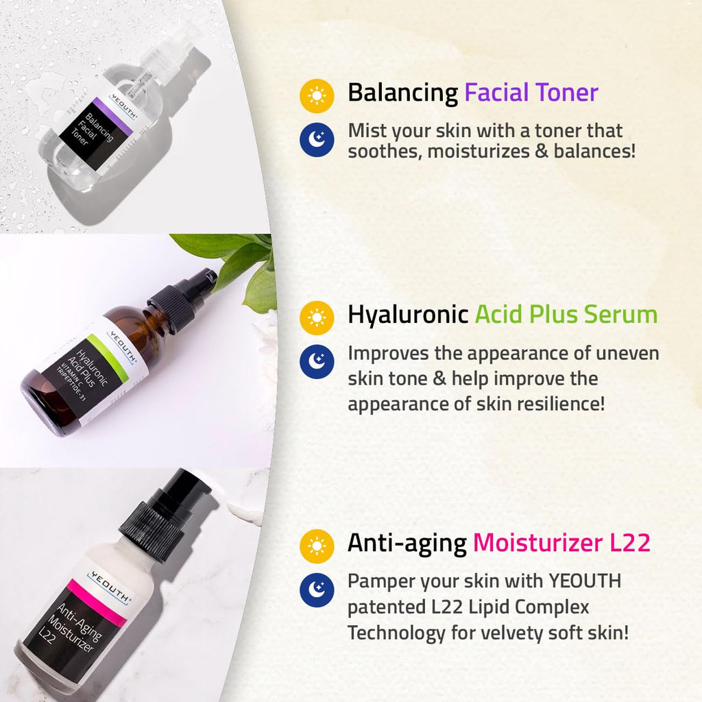YEOUTH Valentine's Day Skin Care Set - Hydrating Hyaluronic Acid Serum, Vitamin C Toner & Moisturizer | 3-Piece Facial Gift Set