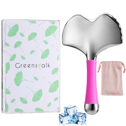 Greenstalk Stainless Steel Gua Sha Facial Tool for Women｜2-in-1 Cooling Massager & Ice Roller with Handle, Built-in Anti-Freeze Liquid for Skincare, Lifting, and Puffiness Relief
