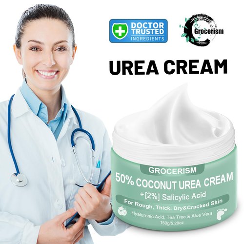 Urea Cream 50 Percent for Feet with Coconut 5.29 oz || Foot & Hand Cream Maximum Strength with 2% Salicylic Acid, Tea Tree and Aloe Vera for Deep Moisturizing and Callus Removing (Upgraded Formula)