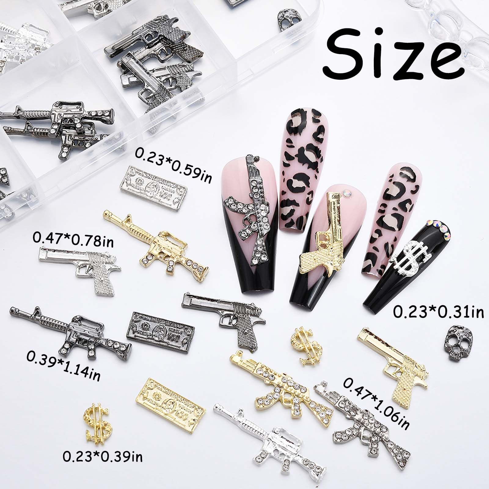 ZUMILLMN 63PCS 3D Nail Charms - Gold Alloy Dollar, Gun & Coin Charms, Shiny Nail Rhinestones for Nail Art, Manicure, DIY Jewelry Making(Gold、Silver、Black)