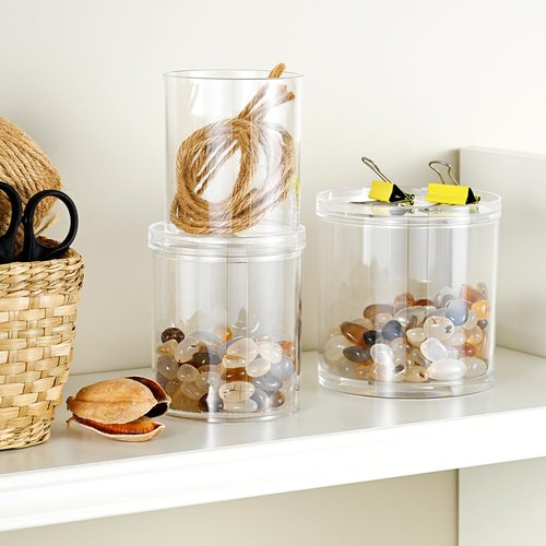 SheeChung 6-Pack Clear Stackable Qtip Holder Dispenser - Mixed (10oz & 12oz) Apothecary Jars with Storage Lids - Whole Home Bathroom Organization Set for Cotton Swabs, Balls, Pads