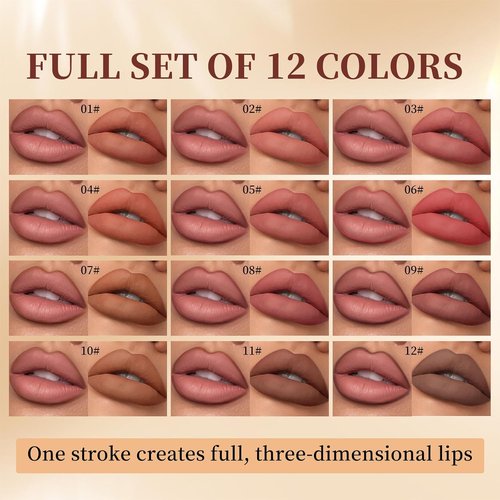 Skiennix Matte Velvet Lip Liner Set - 12 Highly Pigmented, Long-Lasting Waterproof Pencils in Natural Nude Brown
