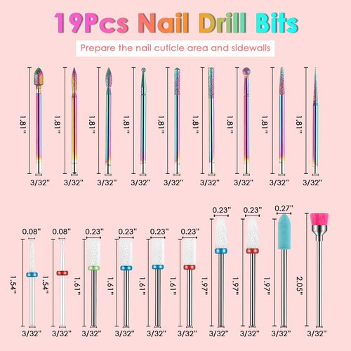 19-Pieces Nail Drill Bits Sets, 3/32 Inch Carbide and Ceramic Acrylic Gel Remover Nail Drill Bits Kit for Electric Nail File Machine, Acrylic Nail Art Tools for Manicure Pedicure, Home Salon Use