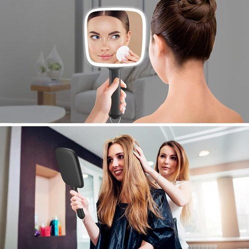 Famihomii Hand Mirror with 30X Magnifying Detachable Mirror, Lighted Handheld Mirror, Lightweight & Durable, Portable & Hangable for Makeup, Hair Styling, Shaving, Battery Operated