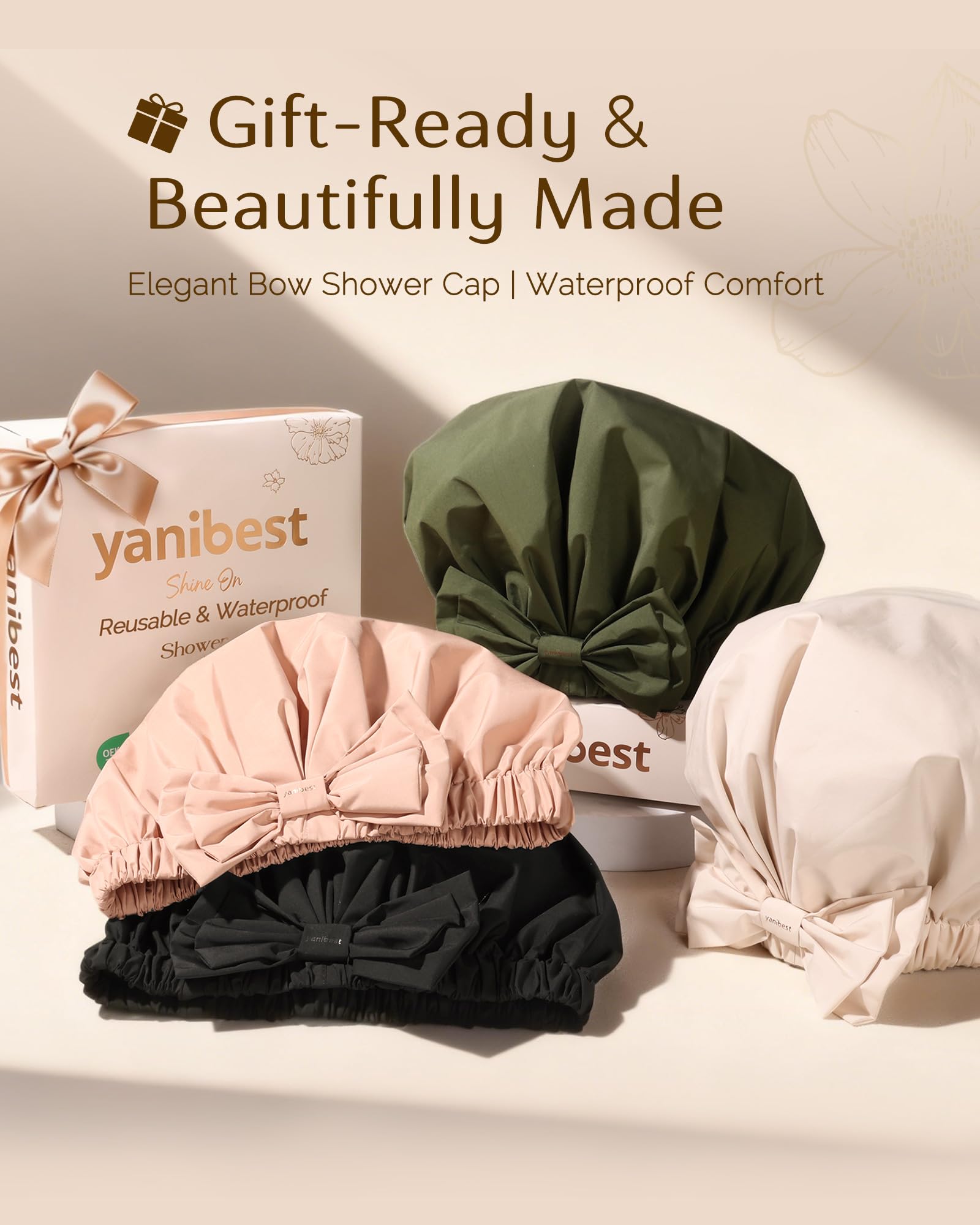 Yanibest Shower Cap Reusable Waterproof,Wide Elastic Band Bath Cap-Comfortable & Durable Bath Hair Hat for Women