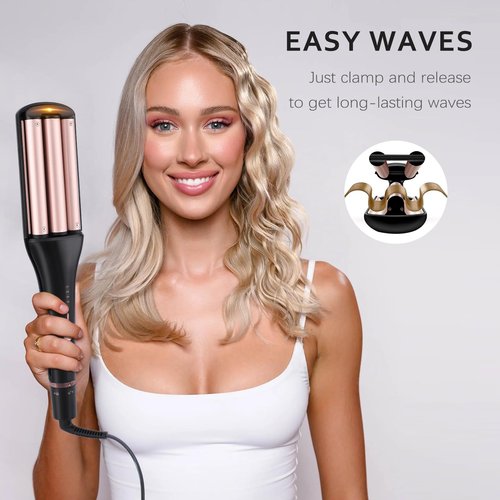 4 in 1 Crimper Hair Tool - Hair Waver with Adjustable Depths for 4 Wavy Styles, Beach Waves Curling Iron with 3 Ceramic Barrels, 4 Temperatures, Dual Voltage, Glove & Clips, for Women (Gold)