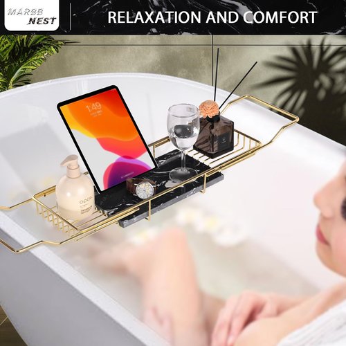 MARBBNEST Bathtub Tray Caddy for Luxury Bath Expandable Extra Wide Bath Tub Tray with Natural Marble Tray and Mobile/Tablet Stand, Ideal for Home Spa Lovers (Gold + Black)