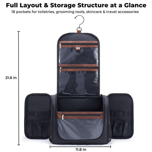 Ralnitote Large Hanging Toiletry Bag for Men, Travel Bathroom Bag with Hook, Hygiene Bag Organizer for Shower, Shaving & Grooming Essentials, Black