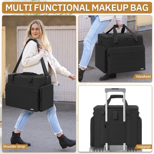 FREEAMG Extra Large Makeup Case with 4 Removable Pouches, Professional Make up Train Case, Travel Cosmetic Bag for Makeup Artist with Shoulder Strap and Handle (Black)（Bag only）