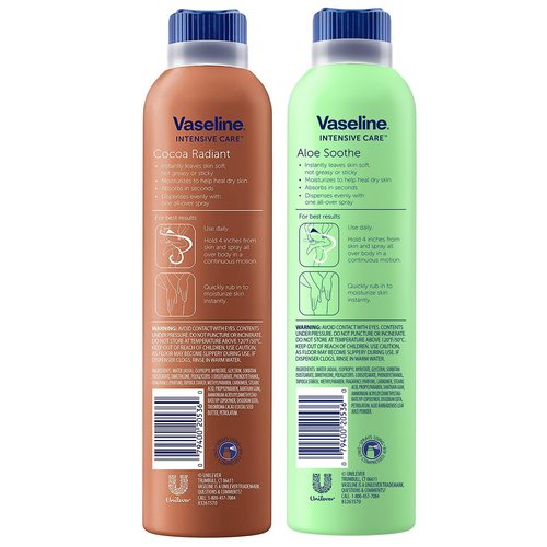 Vaseline Cocoa Radiant+ Aloe Soothe Spray Variety 2-Pack – Non-Greasy, Fast-Absorbing All-Over Moisturizer for Dry Skin, 6.5 Oz Ea