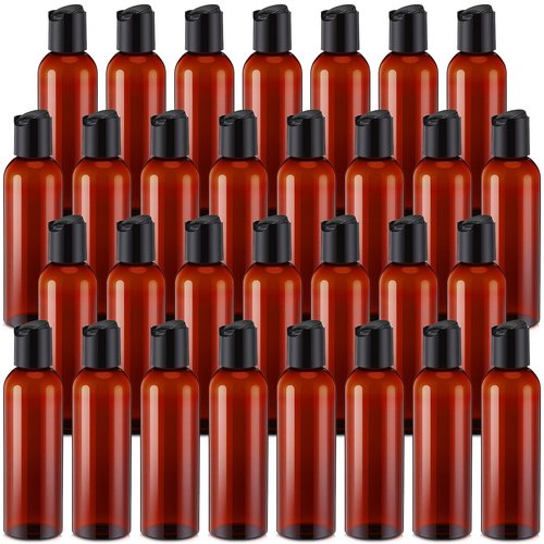 Mimorou 30 Pack Amber Empty Bottles Plastic Squeeze Bottles with Disc Top Flip Cap Small Empty Travel Squeeze Bottle for Lotions Liquid Body Soap Conditioner Creams(5.1 oz)
