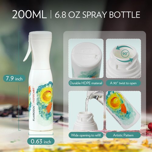 FLAIROSOL InspireArt, Continuous Spray Bottle - Ultra Fine Mist Water Sprayer for Hairstyling, Cleaning, Arts & Crafts, Versatile Spray Bottle, Patented Technology, 6.8 OZ (White Bottle, Green Print)