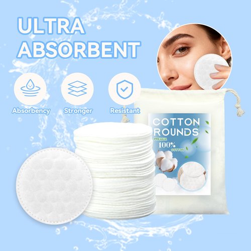 Premium Cotton Rounds for Face (500 Count), Makeup Remover Pads, 100% Pure Cotton, Chemical Free, for Sensitive Skin
