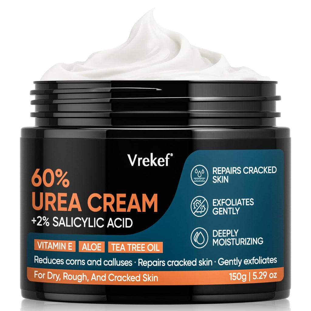 VREKEF Urea Cream 60% Plus Salicylic Acid 2%, Urea Cream 60 Percent for Feet Maximum Strength, Foot Cream for Dry Heels Cracked