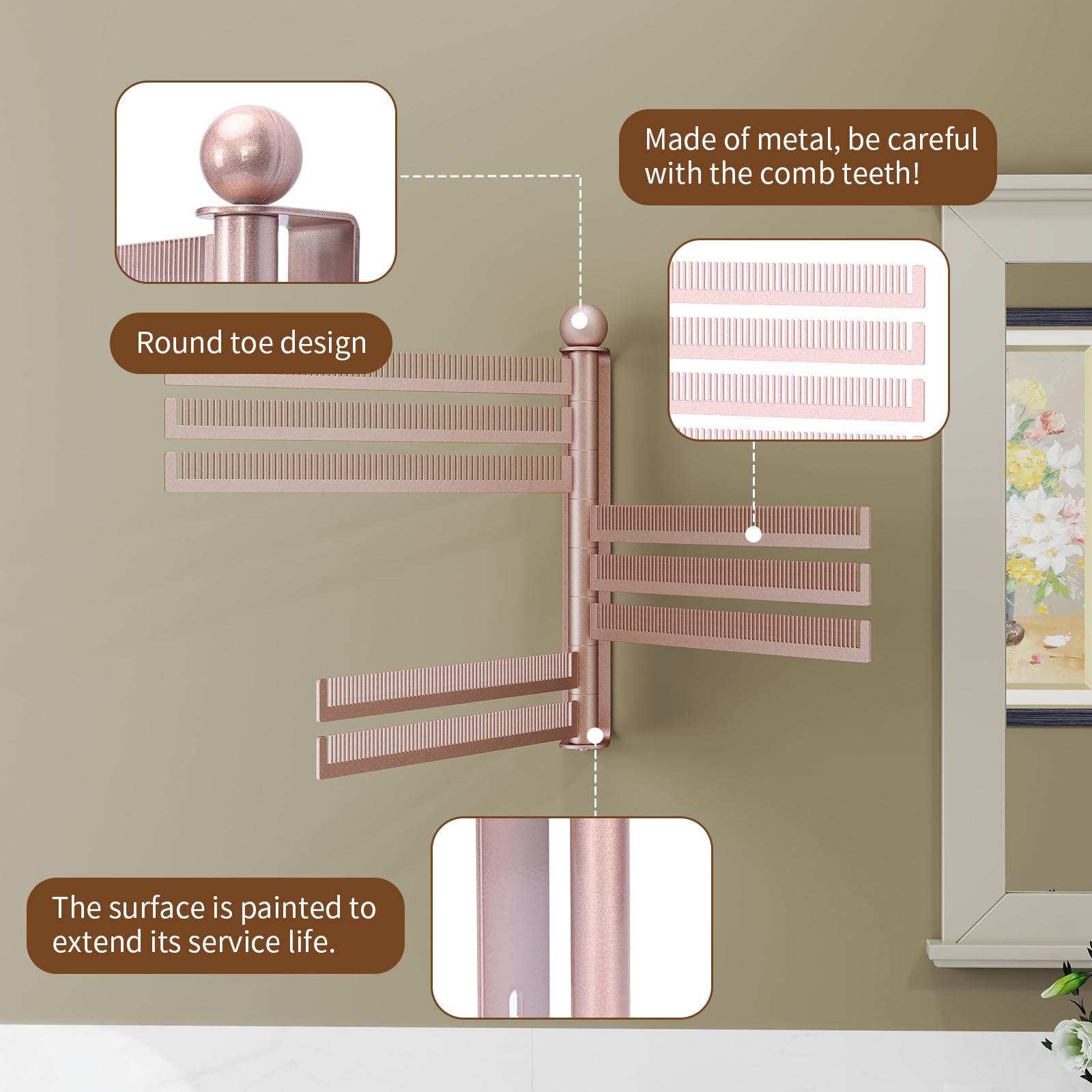 Wall-Mounted Wig and Hair Extension Holder, 8 Rotating Combs, Metal Wig Organizer Rack, Space-Saving Design, Easy Installation for Salon & Home