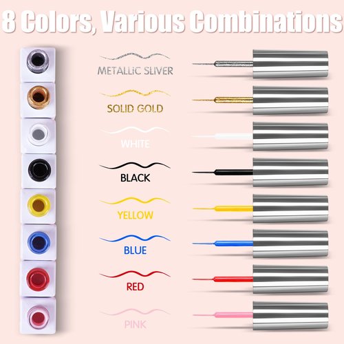 Gel Polish Nail Art Liner Set,10ml,8 Colors Nail Design Paint for Swirl Nail Built with Thin Nail Art Brush in Bottle Art Design Nail Salon DIY