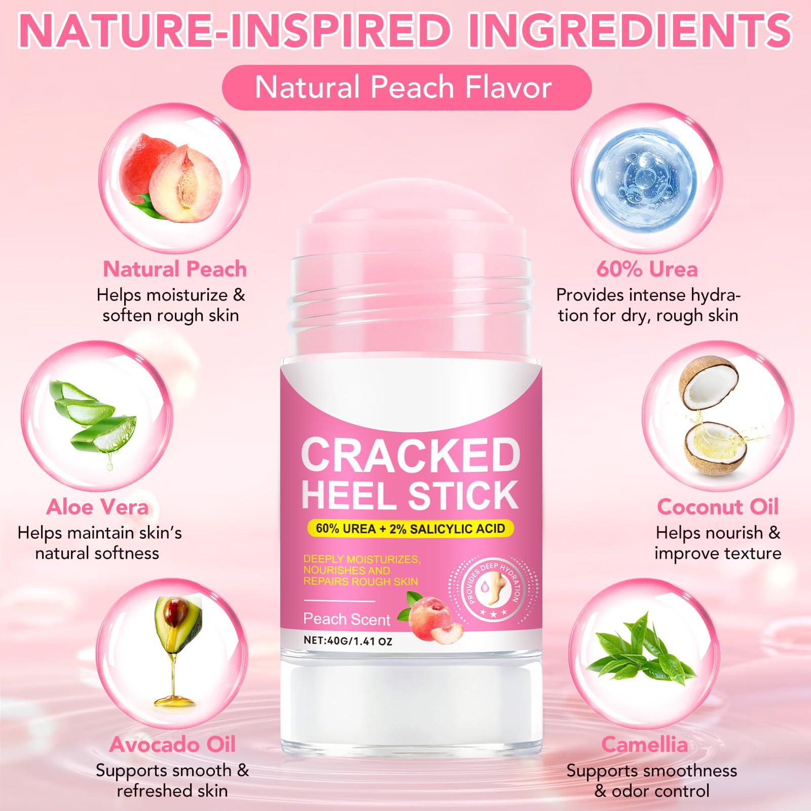 XIAMOFUZHOU 60% Urea plus 2% Salicylic Acid Foot Care Stick, Deep Hydration Soften & Smooth Thickened Areas, Intensive Moisturizer Repairs for Dry, Cracked Heels & Thickened Skin (1.41 Ounce, Peach)