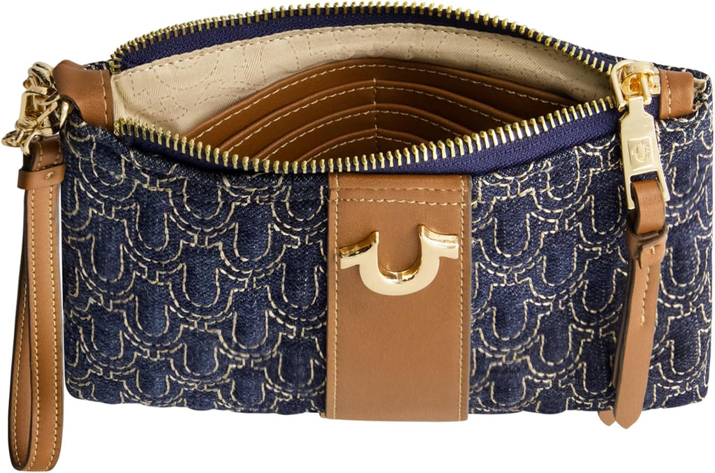 True Religion Mini Wallet - Compact Quilted Clutch Pouch with Wrist Strap | Dark Denim, One Size
