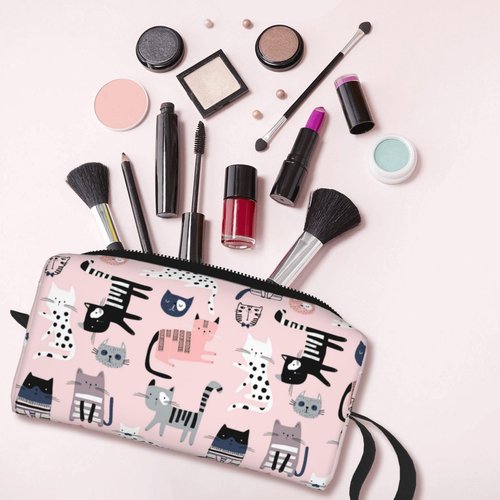 OLUSENMO Cute Cats Makeup Bag Small Organizer Small Pink Travel Cosmetic Bags Compact Durable Oxford Fabric Multi-Purpose Storage Perfect for Travel, Gym, Daily Use