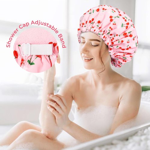 Skiennix Shower Cap - Reusable Terry Lined Waterproof Cap for Long Thick Hair - Pink