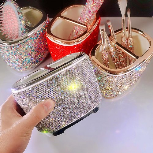 Bestbling Luxury Bling Rhinestone-Embellished Makeup Organizer Box Storage – Large Capacity Cosmetic Brush Lipstick Eyebrow Pencil Storage Box and Desktop Organizer Rack (Silver)
