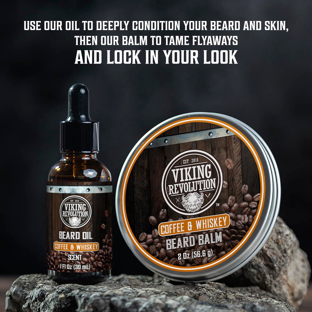 Viking Revolution Ultimate Conditioner for Men's Beard Grooming - Softens, Smoothes and Soothes - Contains Beard Wash and Conditioner (5oz Set), Beard Oil, Balm and Wooden Comb - Coffee Whiskey Scent