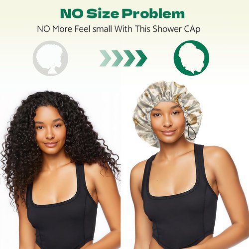 BHAHB 2 PCS Shower Cap Waterproof Double Layer Elastic Adjustable Reusable Hair Bath Caps for Girls Women Cute Aesthetic-Golden Black